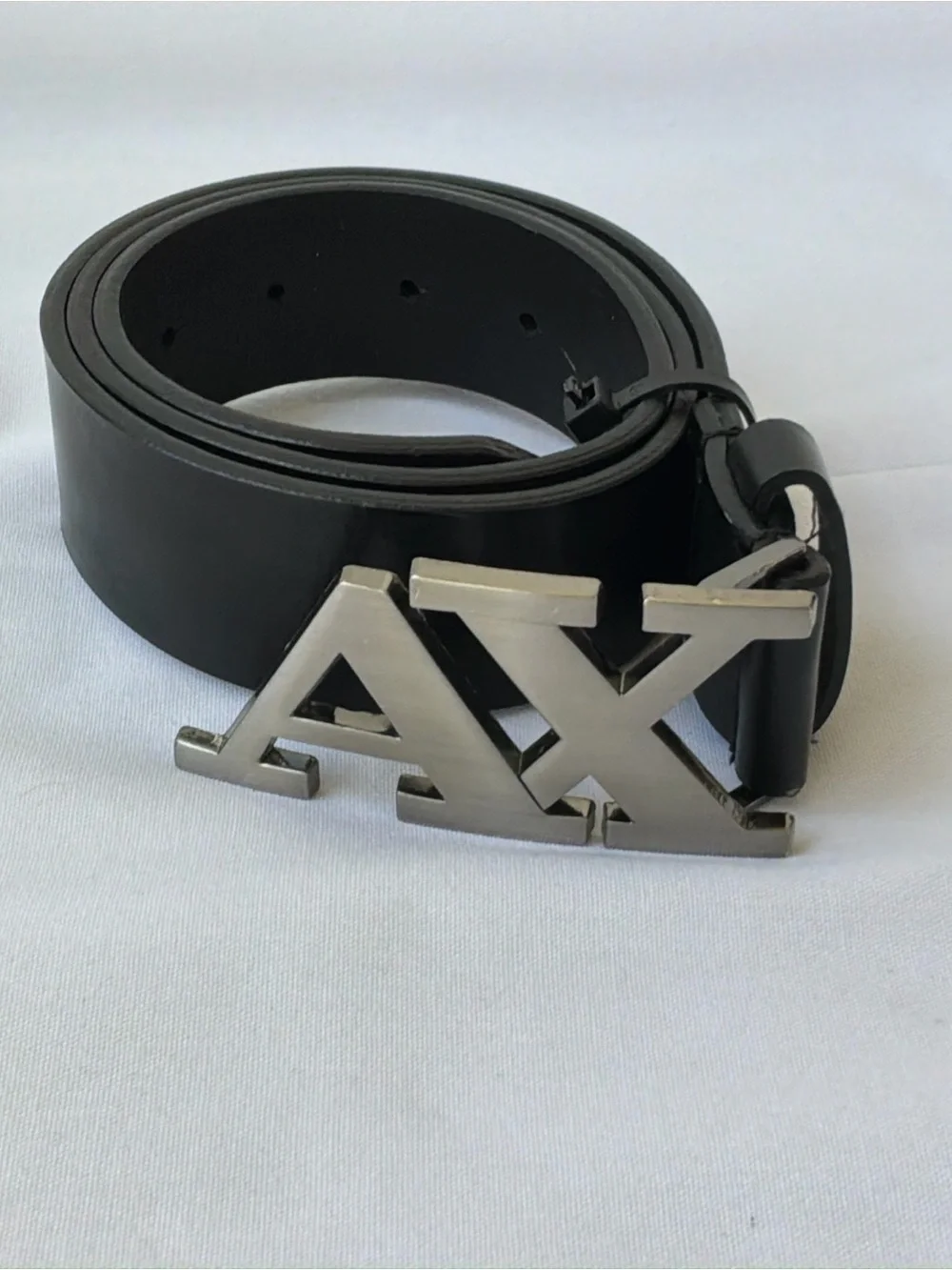 AX Black Leather Belt with Silver Logo Buckle